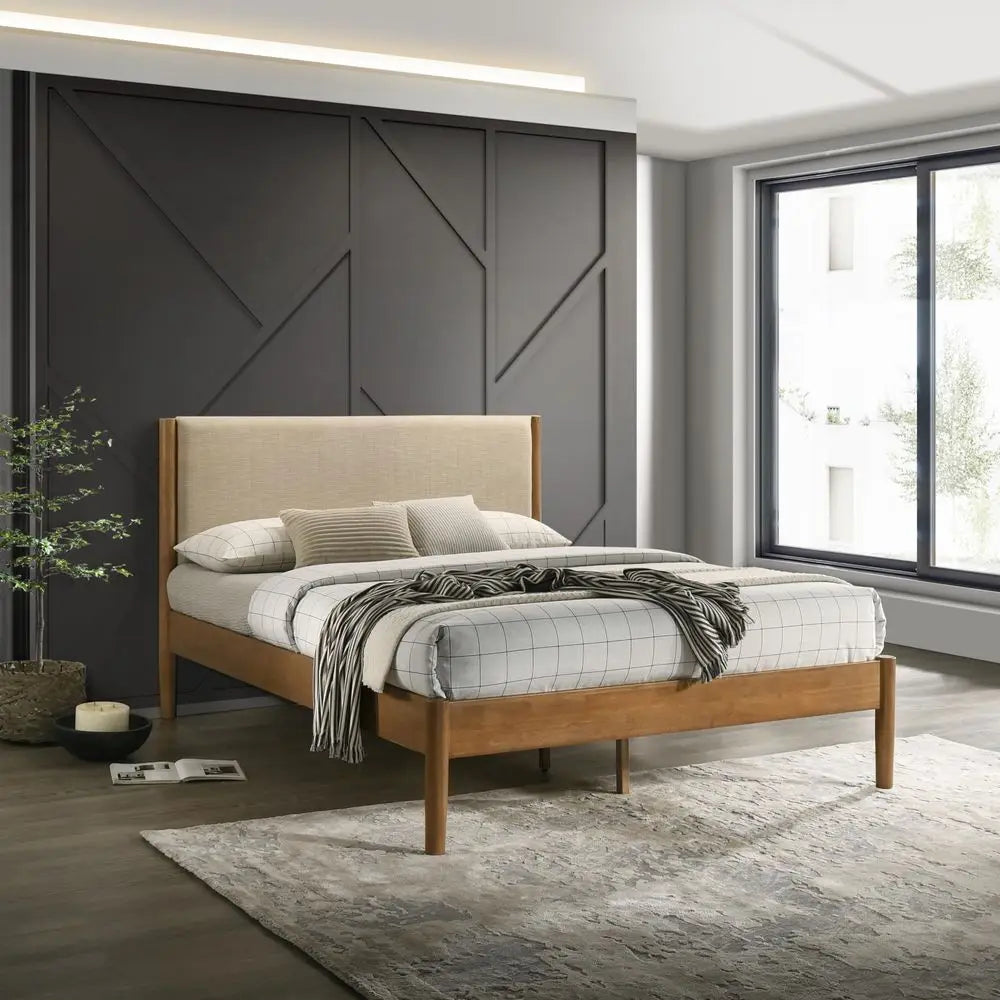 YTYIN Vichy Rubberwood Bedroom Set With Upholstered Bed And Nightstand