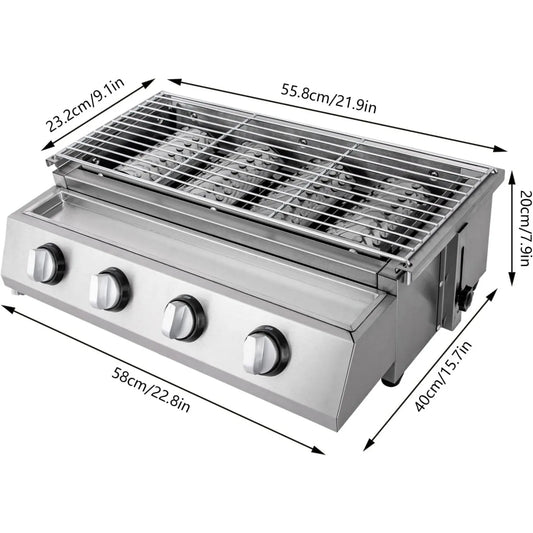Stainless Steel 4 Burner Tabletop Propane Gas Grill Smokeless Outdoor