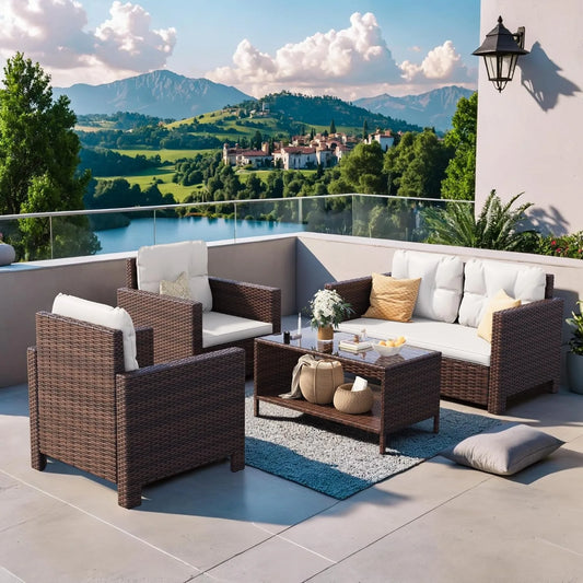 XIUWO 4-Piece Rattan Sofa Set For Outdoor Patio Conversation