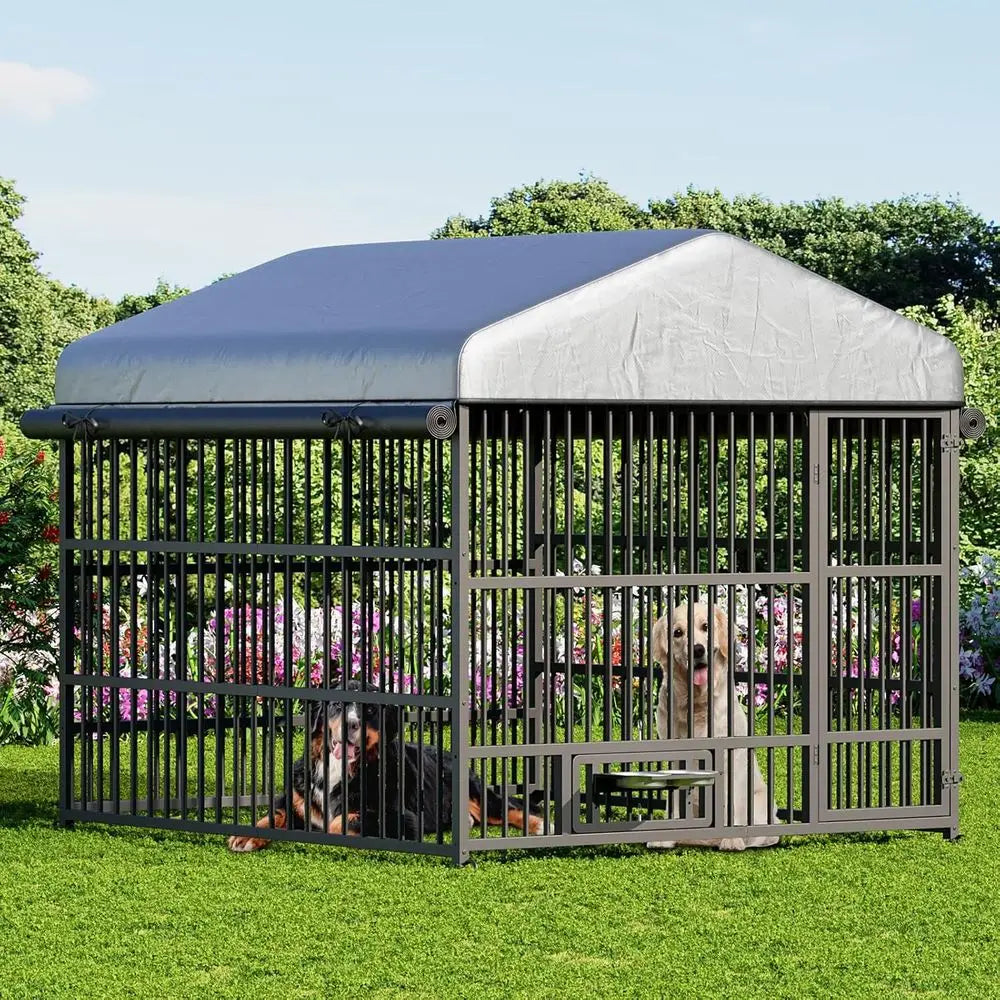 Outdoor Dog Kennel With Cover Waterproof Roof And Rotating Bowls