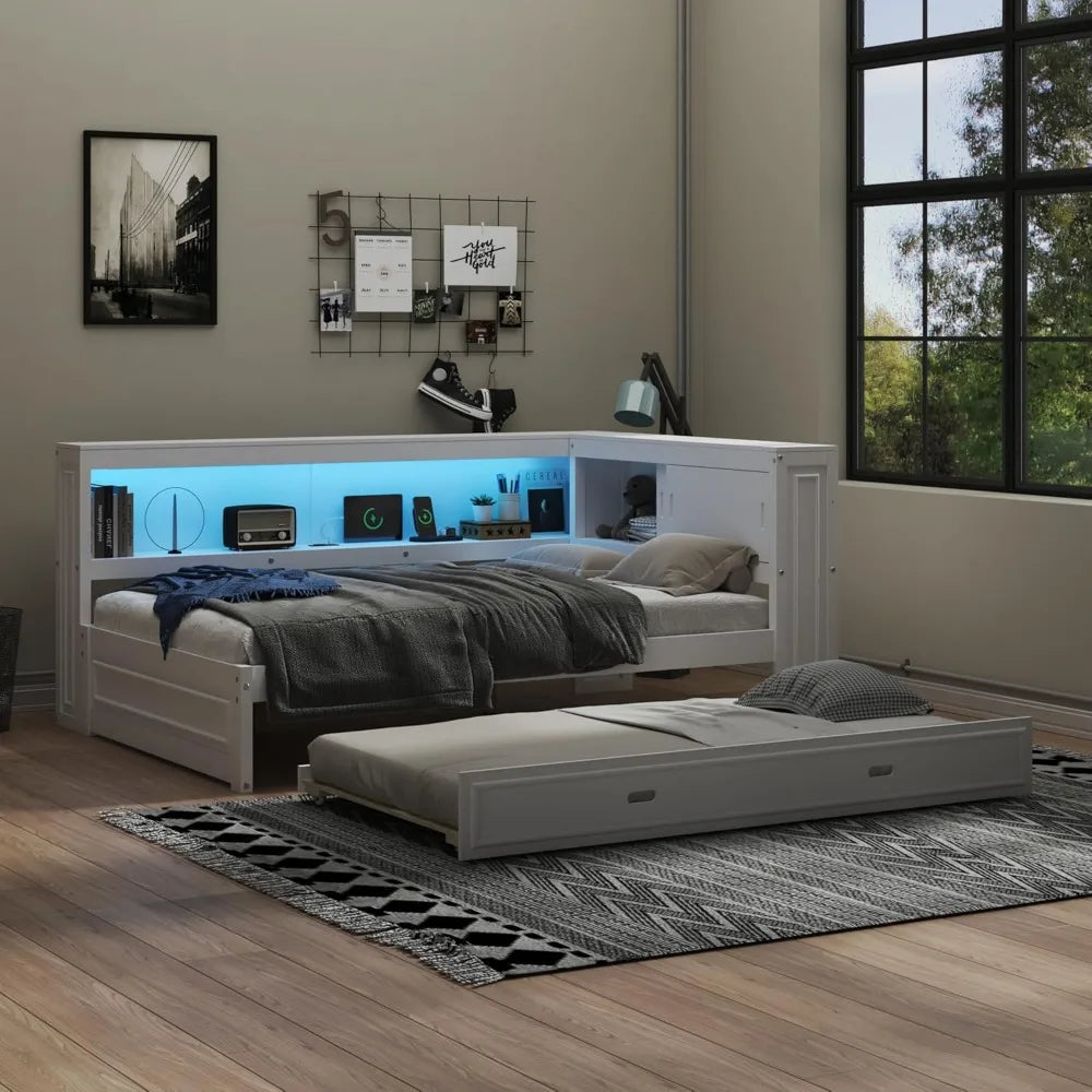Daybed With Trundle And Storage Bookcase Led Lights Usb Ports