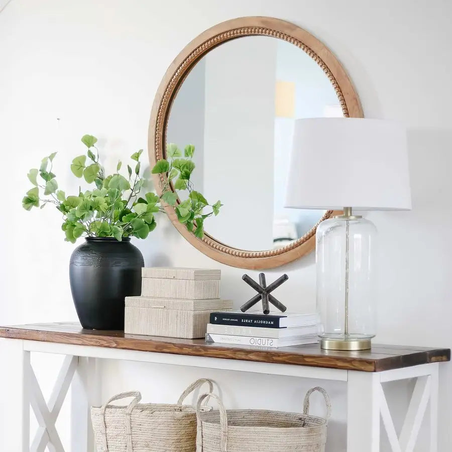 Round Wood Mirror With Rustic Farmhouse Natural Wood Frame