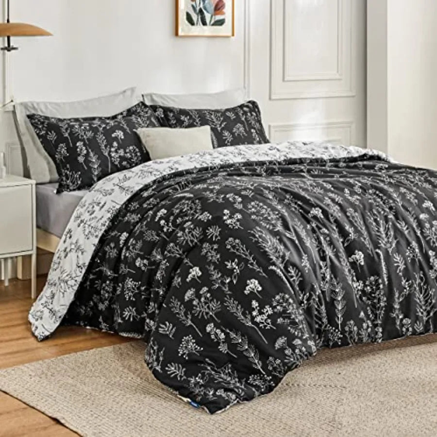 3 Piece Floral Comforter Set With Reversible Botanical Pillow Shams