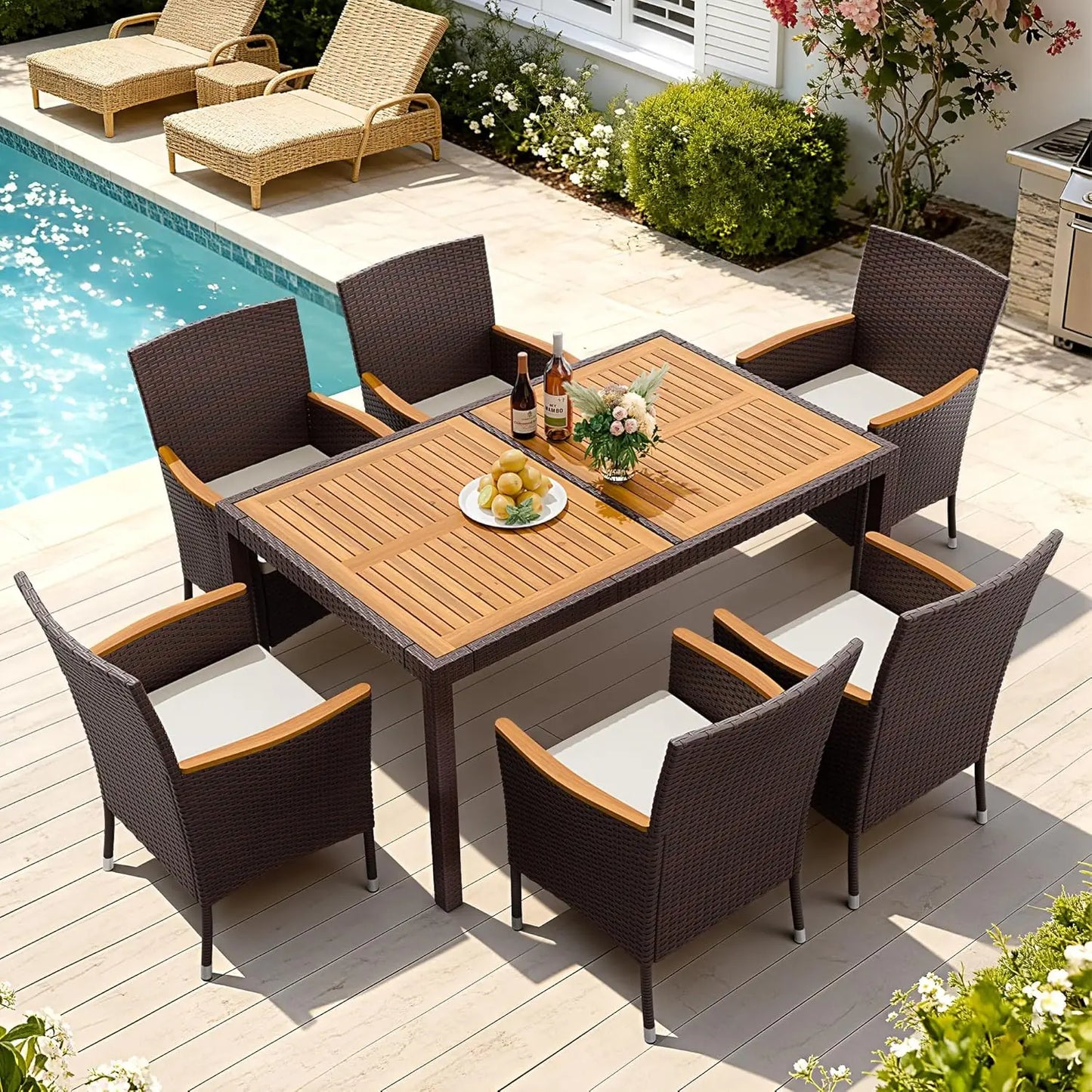 Dining 7 Piece Patio Conversation Set With Acacia Wood Tabletop