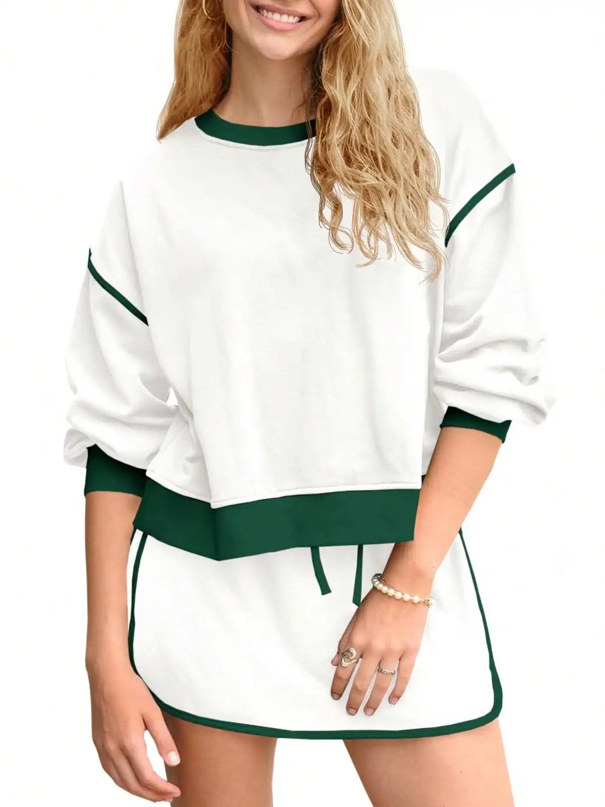 Fisoew Women's 2 Piece Crewneck Sweatshirt Skort Sweatsuit Lounge Set