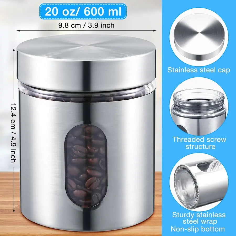 Six Pack Stainless Steel Glass Canister Set With Airtight Lids