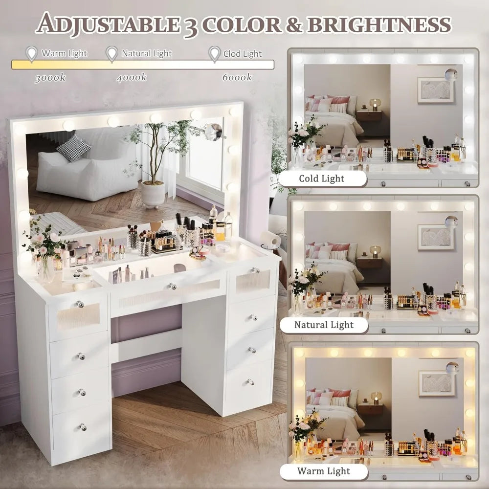 Makeup Vanity Desk With Lights And Large Mirror Glass Top With Charging Station