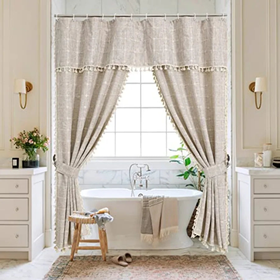 Boho Double Swag Shower Curtain Polyester Linen Farmhouse Bathroom Decor