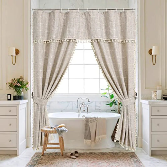 Boho Double Swag Shower Curtain Polyester Linen Farmhouse Bathroom Decor
