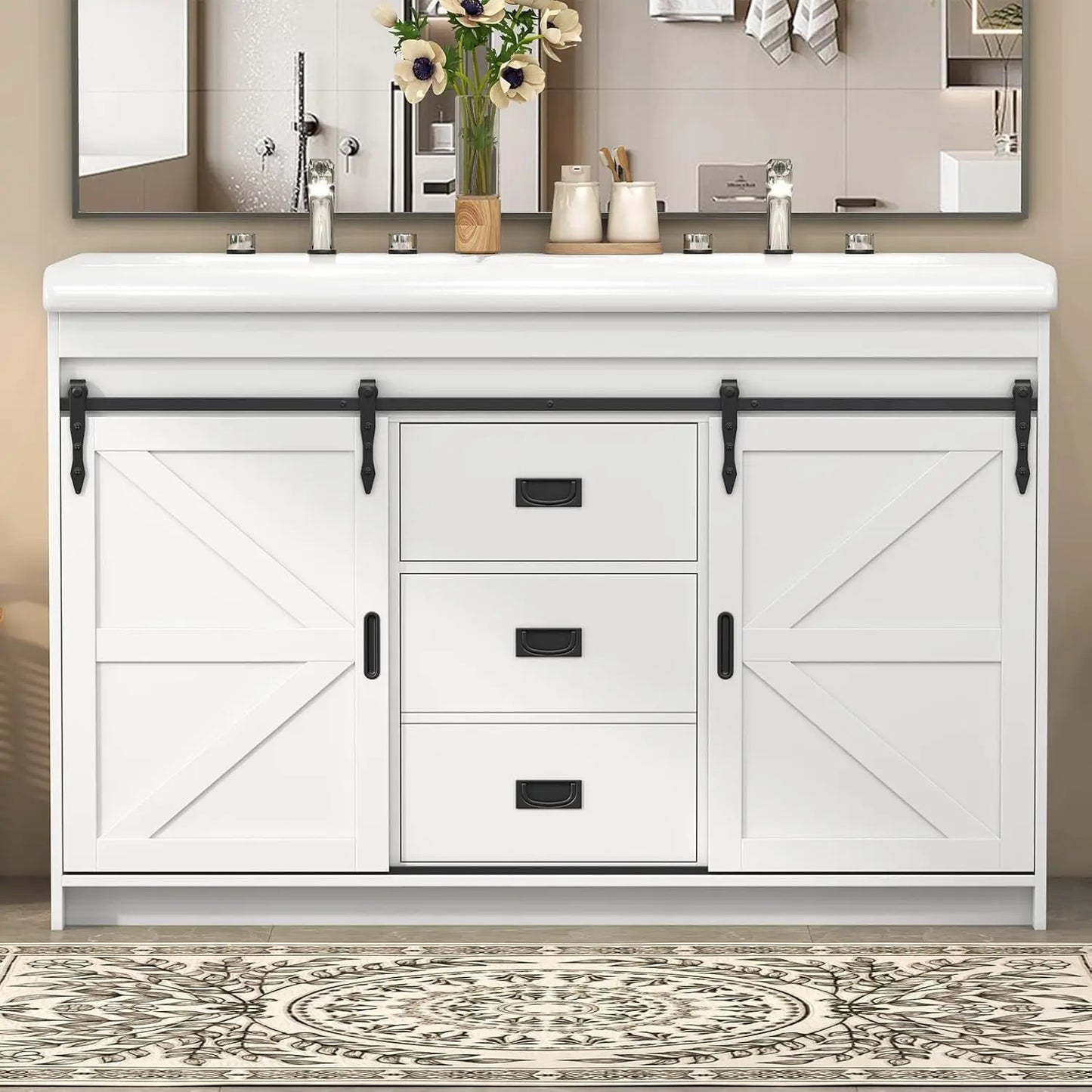 Double Sink Bathroom Vanity With Barn Sliding Doors Drawers