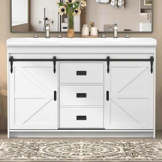 Double Sink Bathroom Vanity With Barn Sliding Doors Drawers