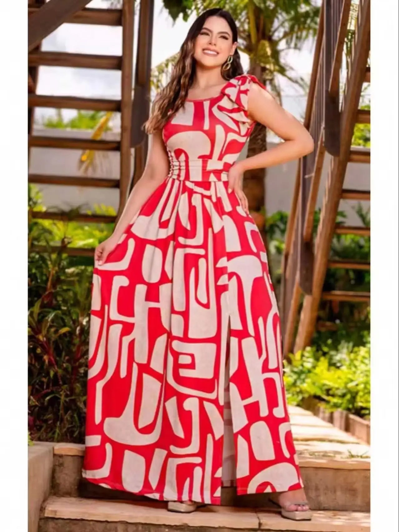 Elegant Sleeveless Geometric Print Maxi Dress Side Bow Summer Vacation