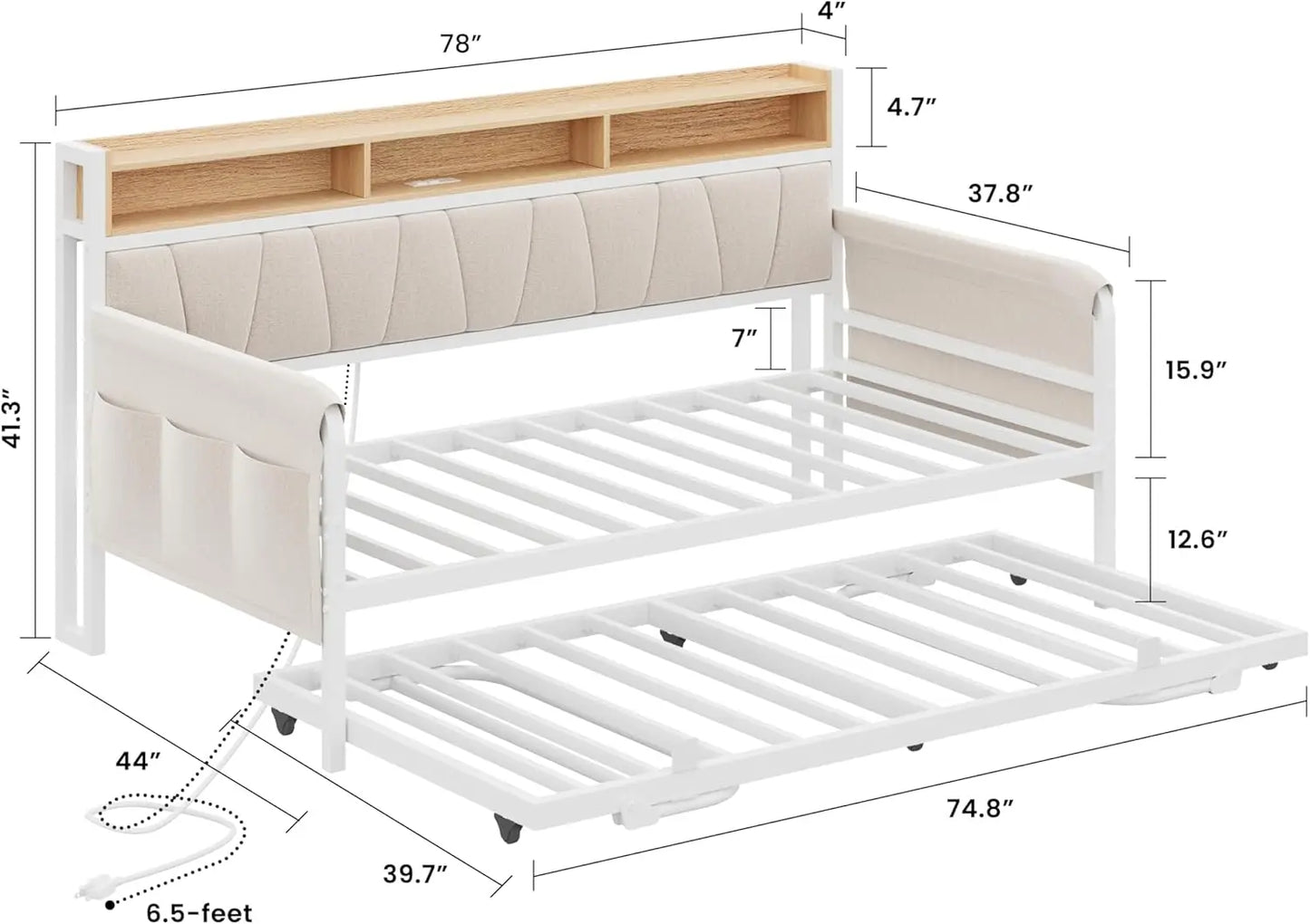 LIKIMIO Daybed Trundle Twin Bed Frame Upholstered Headboard And Charging