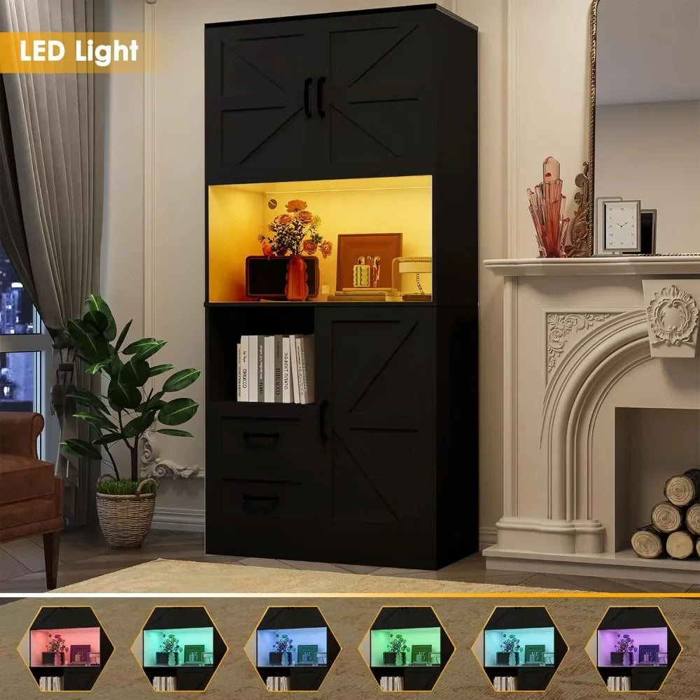 Kitchen Pantry Storage Cabinet With LED Lights And Power Strip