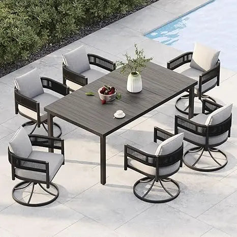 Outdoor Dining Set For 6, 7-Piece Metal Woven Wicker Patio Furniture