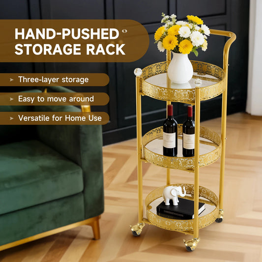 Tempered Glass Rolling Bar Cart With Lockable Casters And Mirror Holders