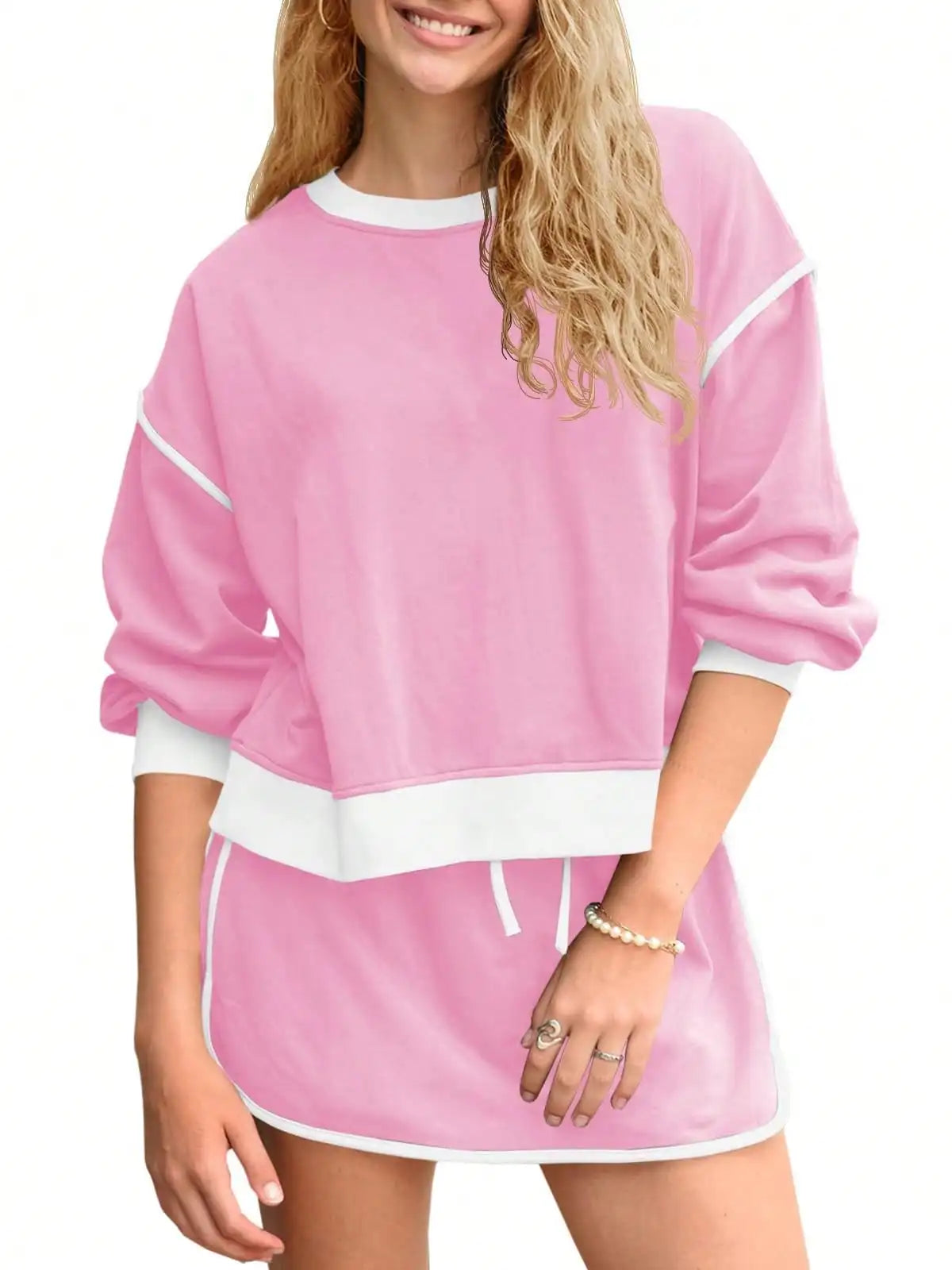 Fisoew Women's 2 Piece Crewneck Sweatshirt Skort Sweatsuit Lounge Set