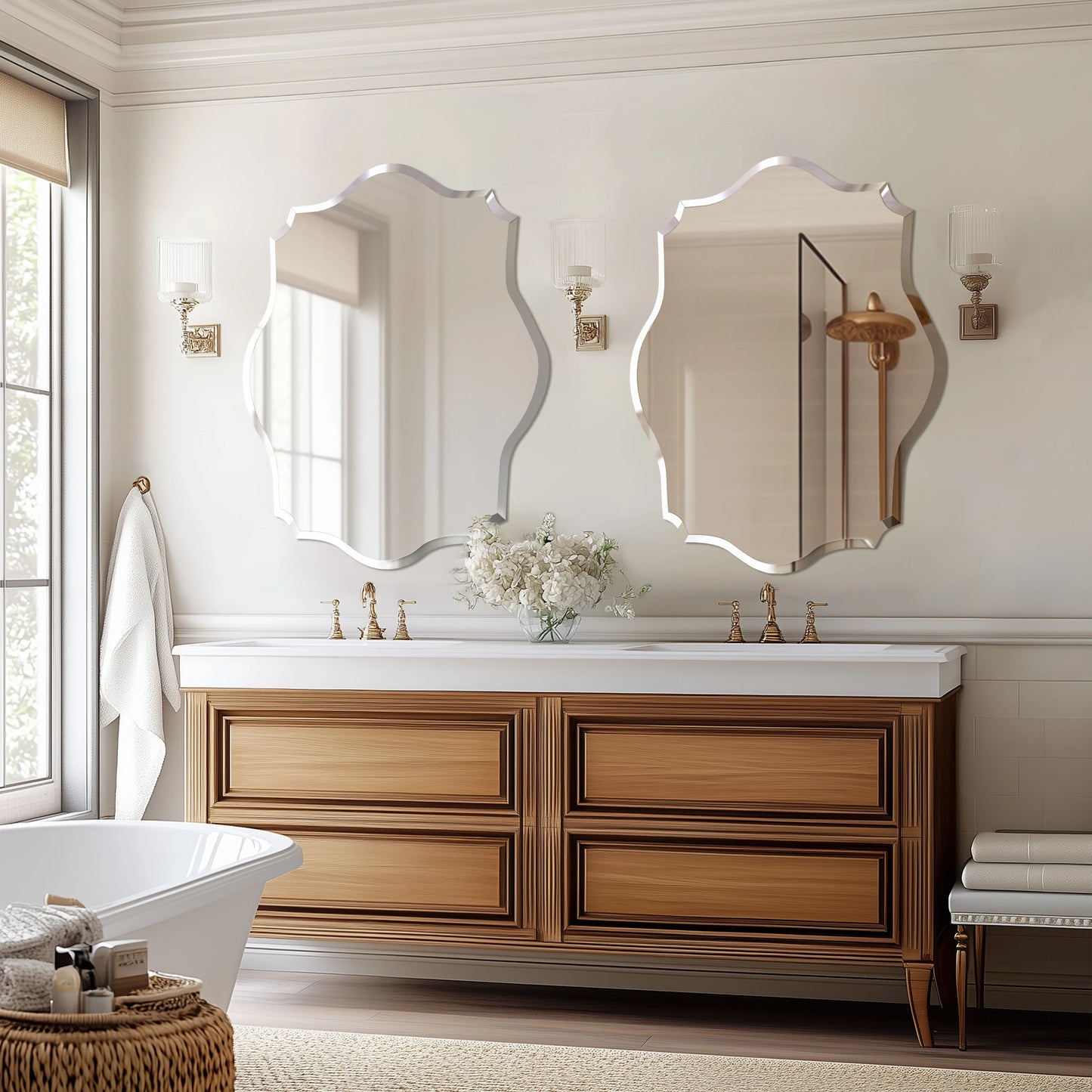 Wisfor Wall Mirror Scalloped Frameless Beveled Edge For Bathroom Vanity