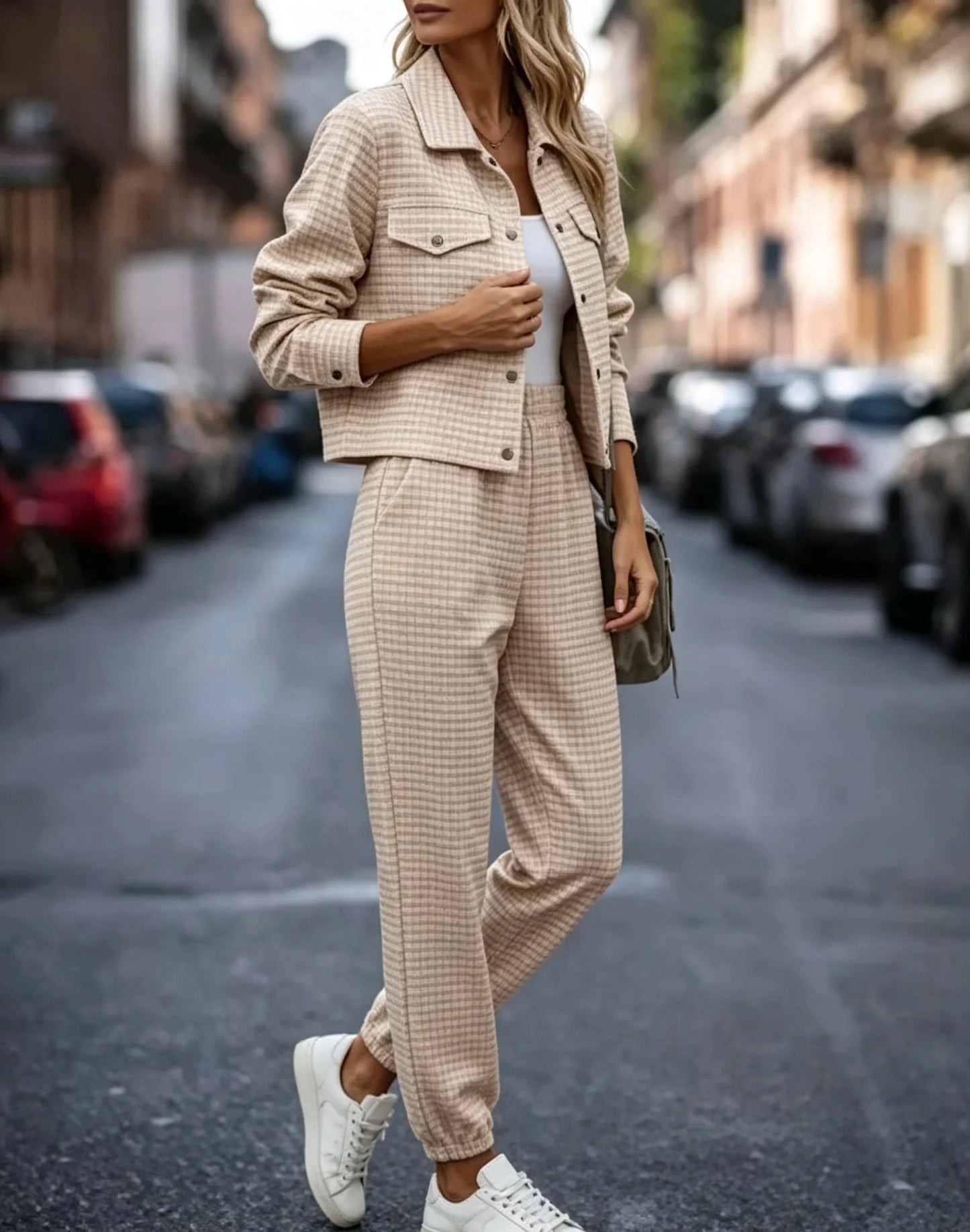 Plus Size Women Checkered Lapel Cardigan Pants Set Office Casual