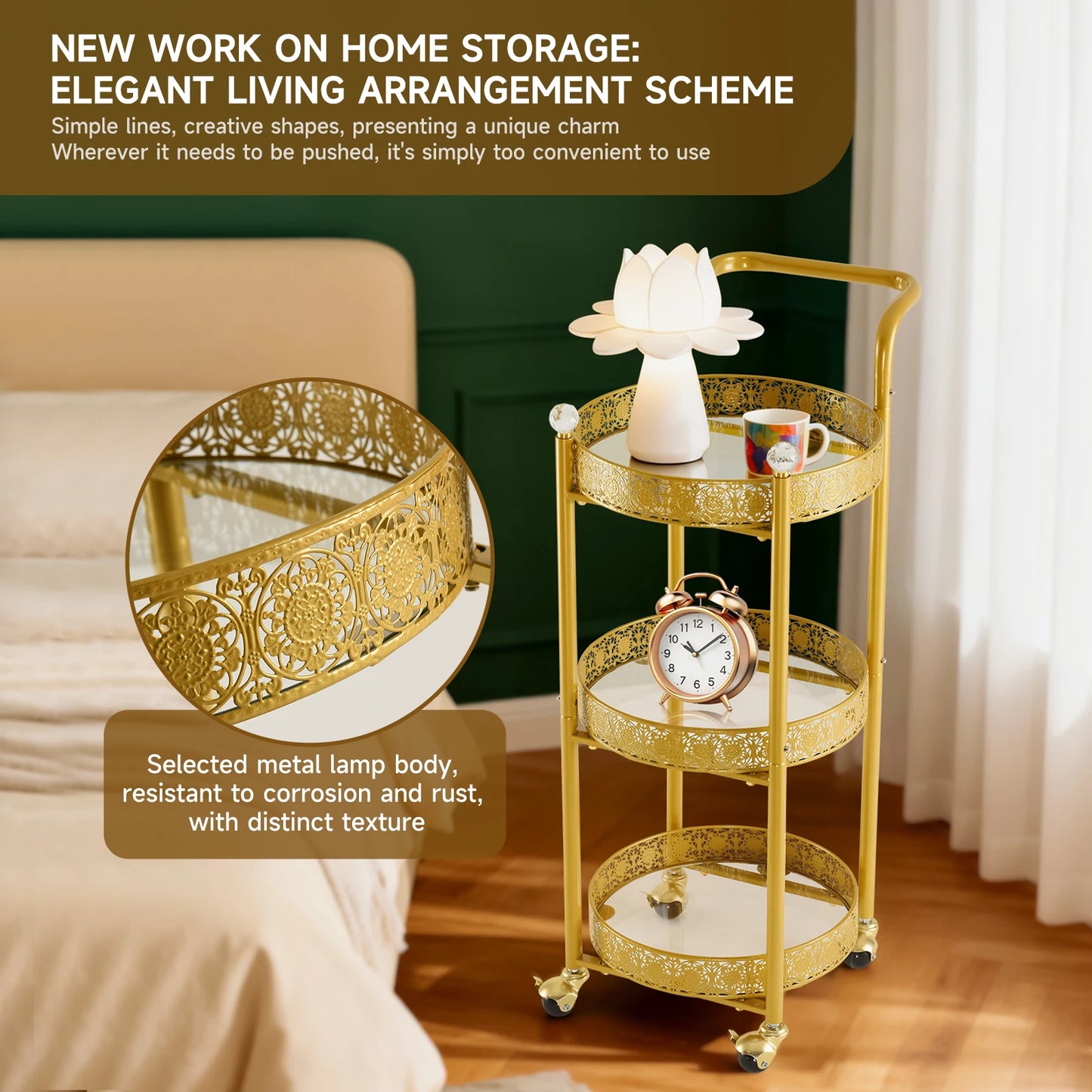 Tempered Glass Rolling Bar Cart With Lockable Casters And Mirror Holders