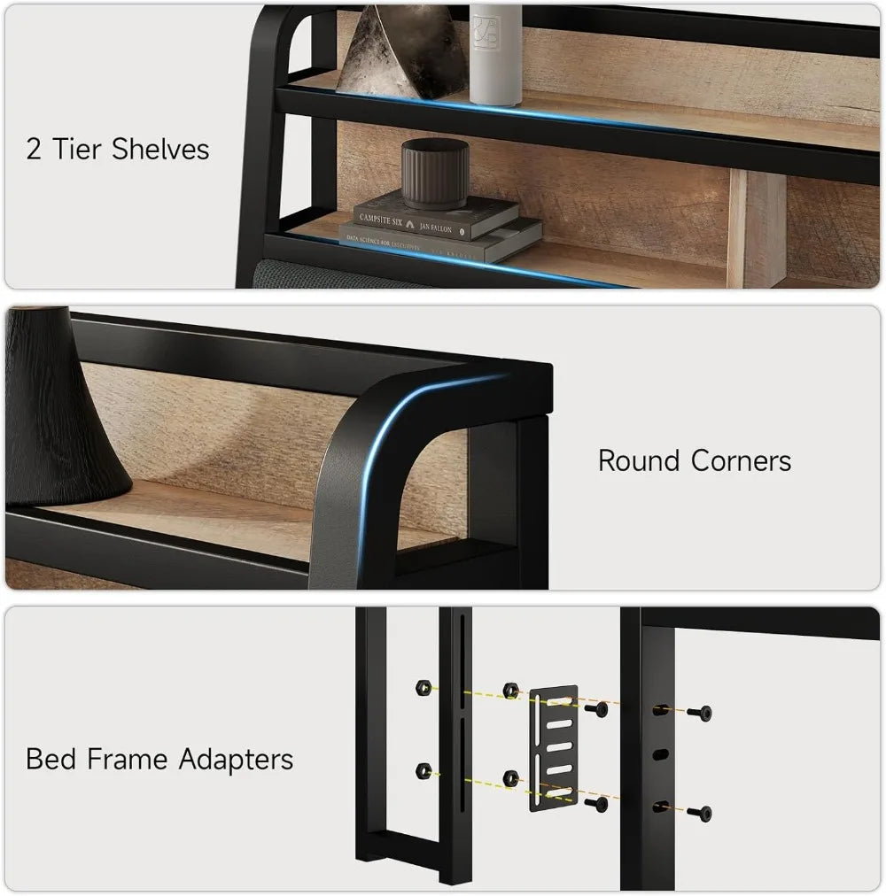 Queen Upholstered Headboard With Led Lights And Charging Station
