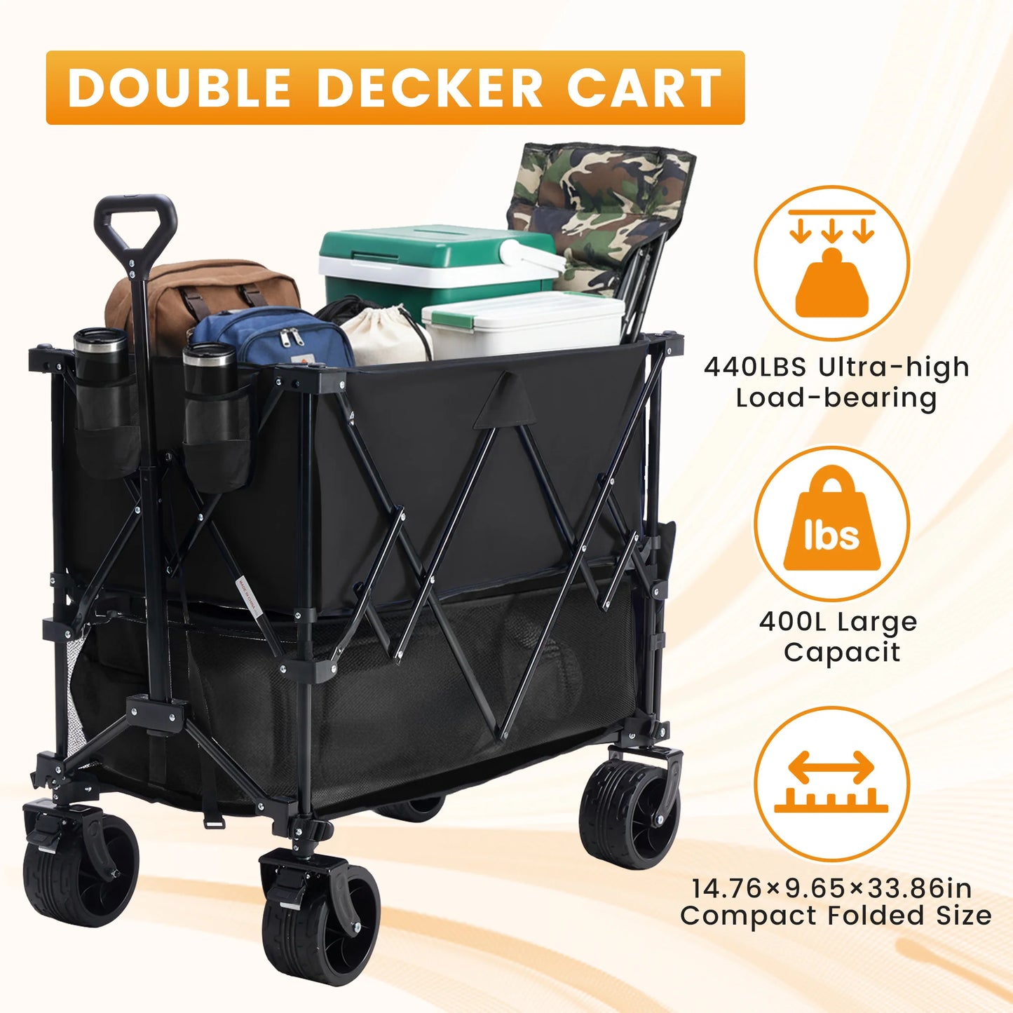 JHK Double Decker Wagon Collapsible Folding Cart Garden Beach Camping