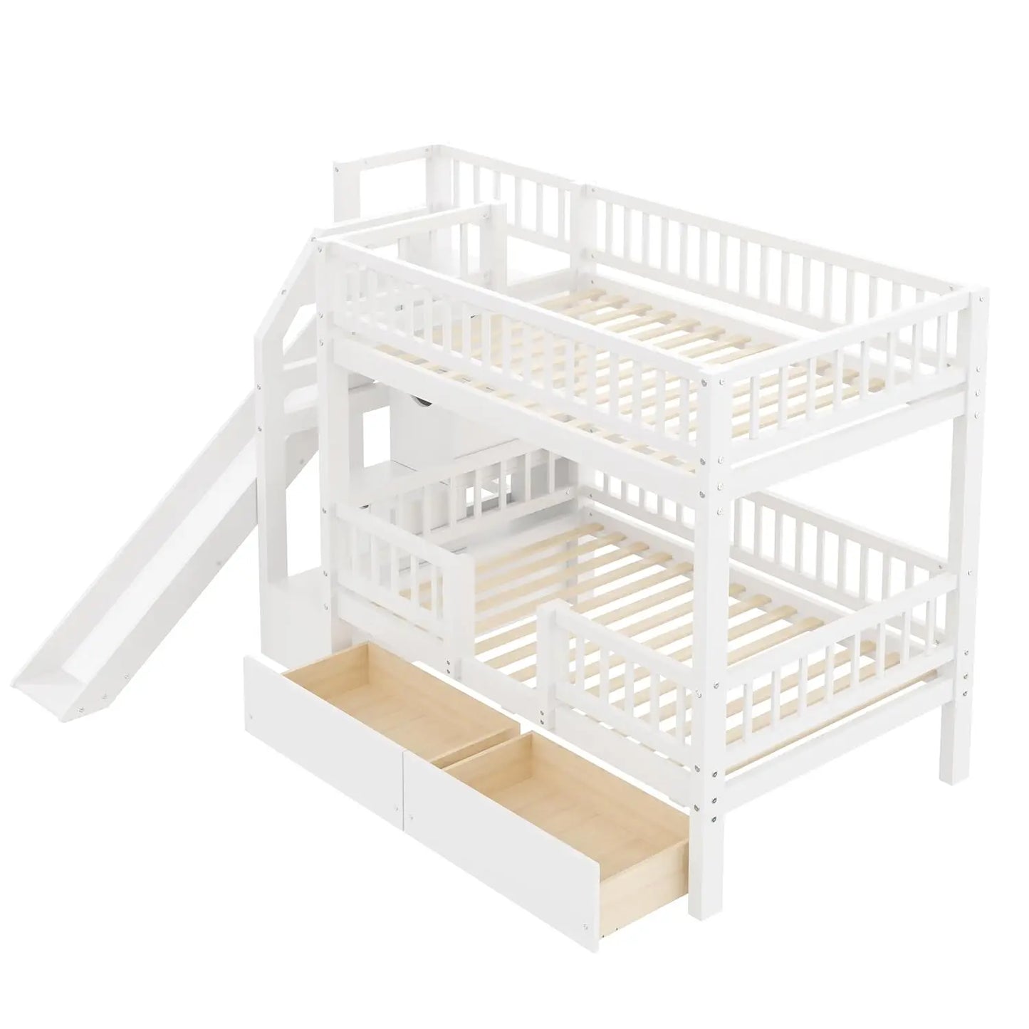 Twin Over Twin Bunk Bed With Slide Staircase And Storage