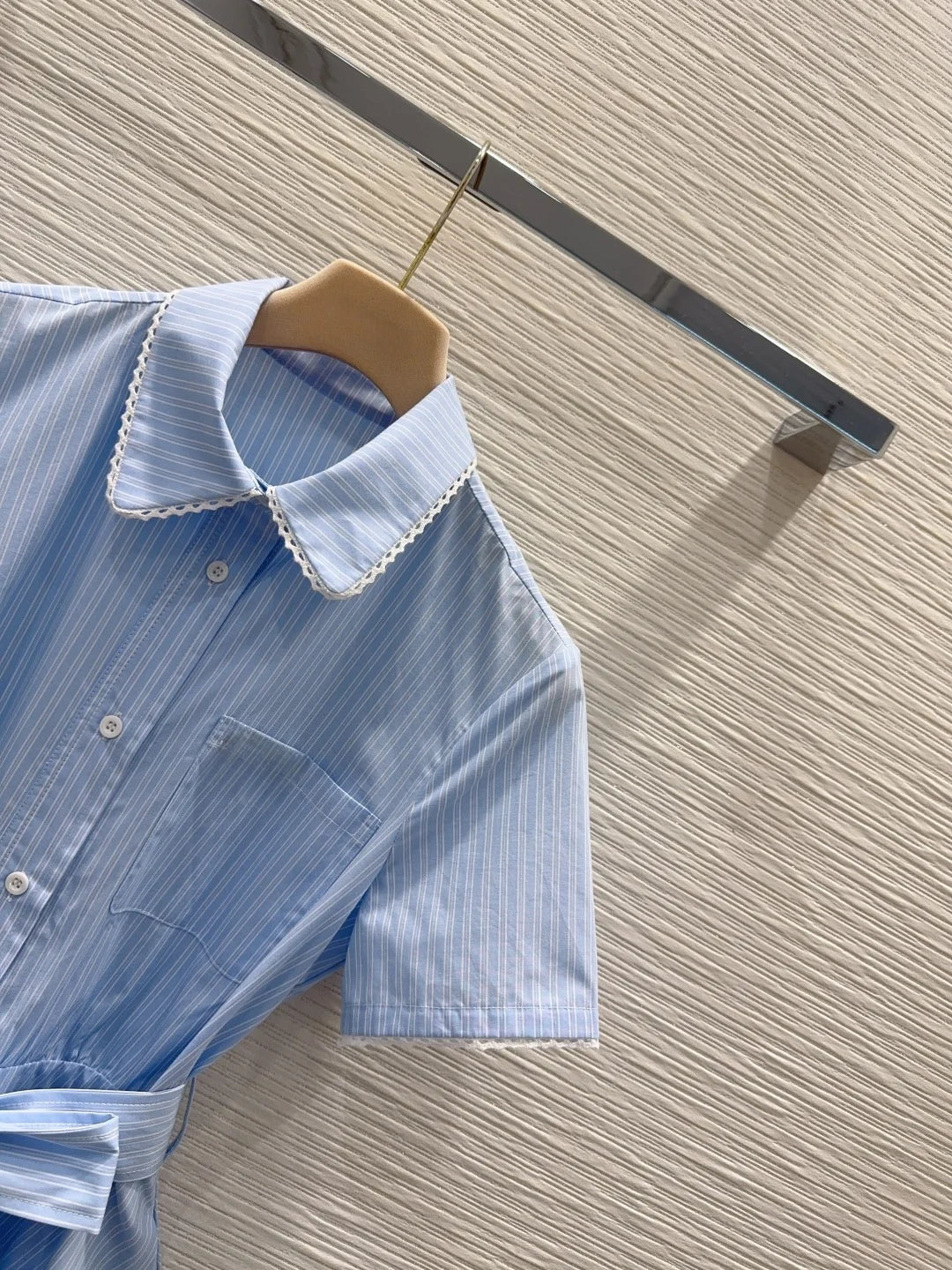 Women Elegant Cotton Short Sleeve Belted Button Lapel Collar Dress