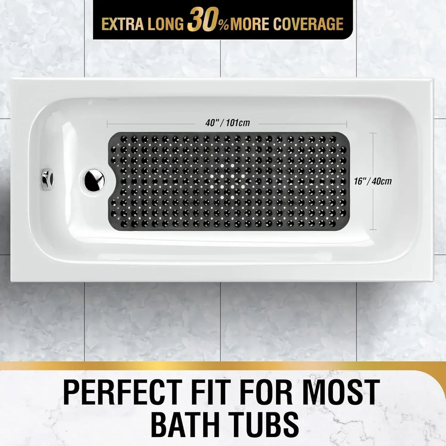 Extra Long Non Slip Bathtub Mat PVC With Suction Cups Drain Holes
