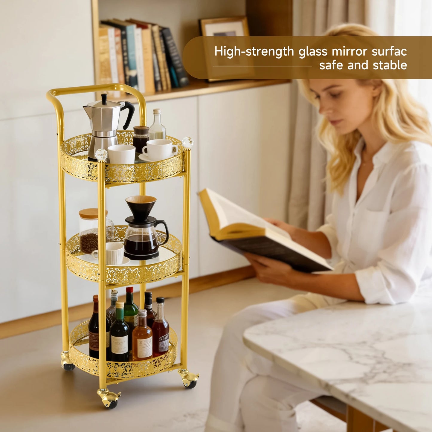 Tempered Glass Rolling Bar Cart With Lockable Casters And Mirror Holders