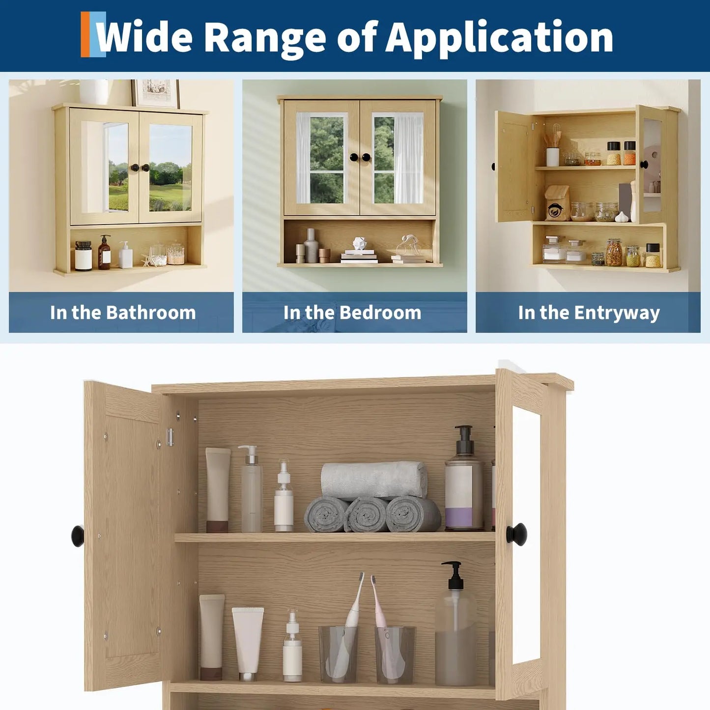 HiMISS Wooden Wall Mounted Bathroom Cabinet With Mirror Doors