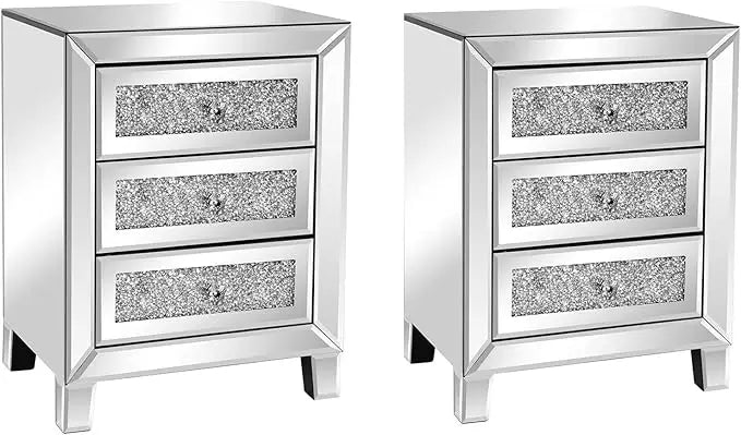 Mirrored Bedside Table Set of 2, Modern Glass Nightstands