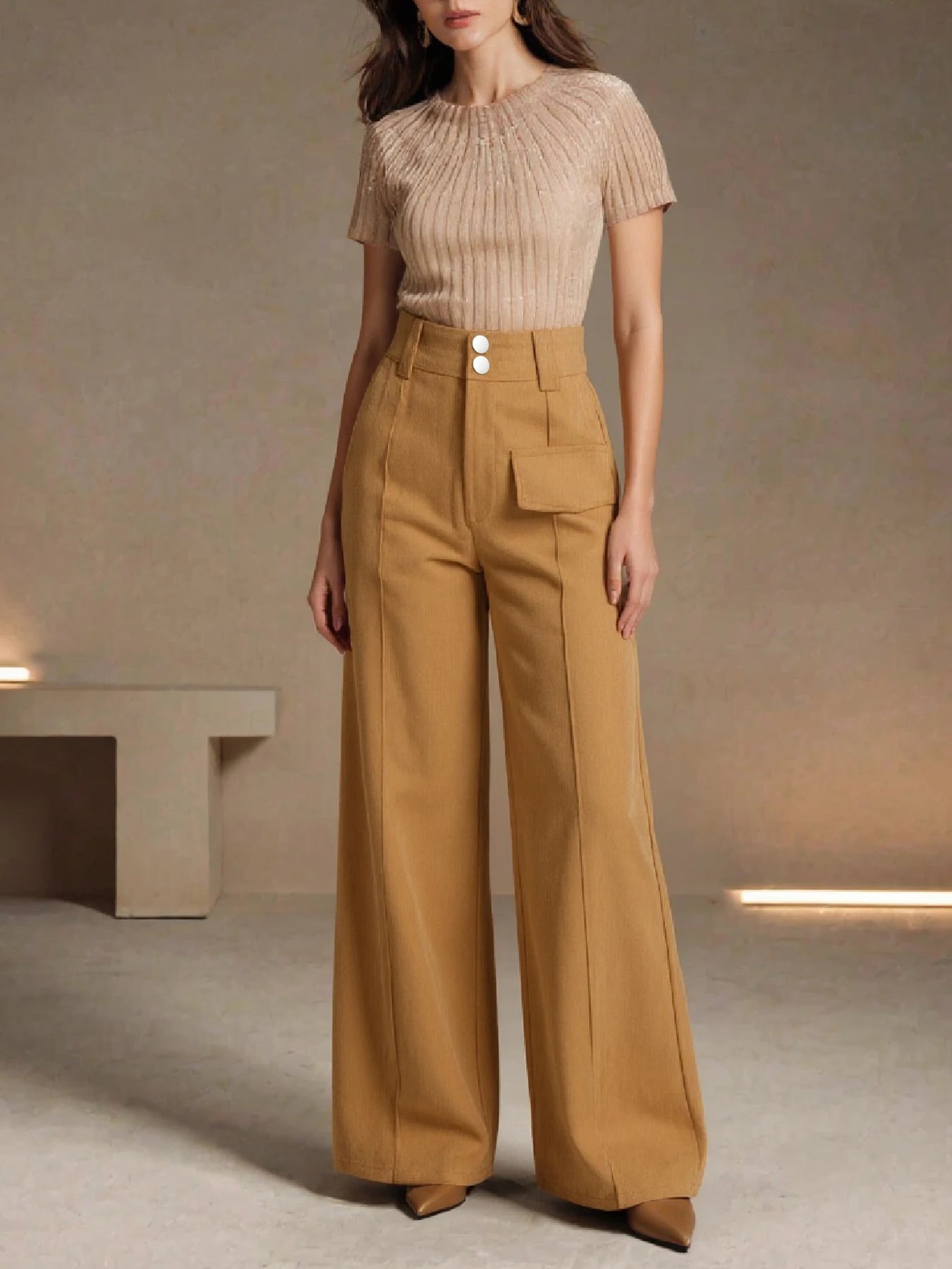 Women High Waist Corduroy Wide Leg Pants Pockets Casual Streetwear