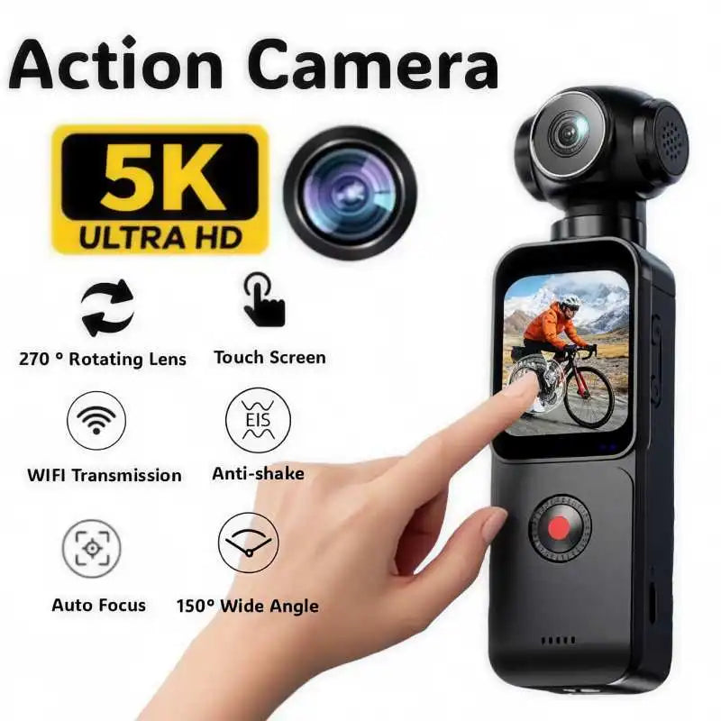 5K HD Handheld Action Camera With 270 Degree Rotating Lens Touchscreen