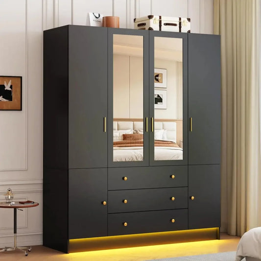 Modern Wardrobe Armoire With Mirror And LED Lights