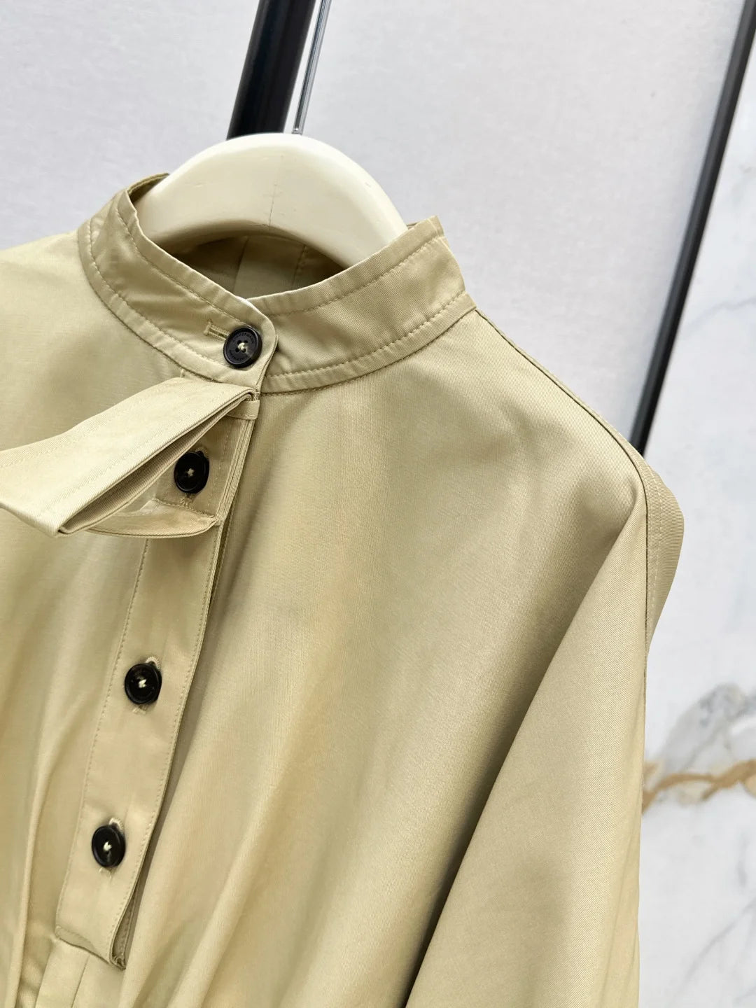 Women Long Sleeve Stand Collar Pleated Waist Cotton Zipper Dress
