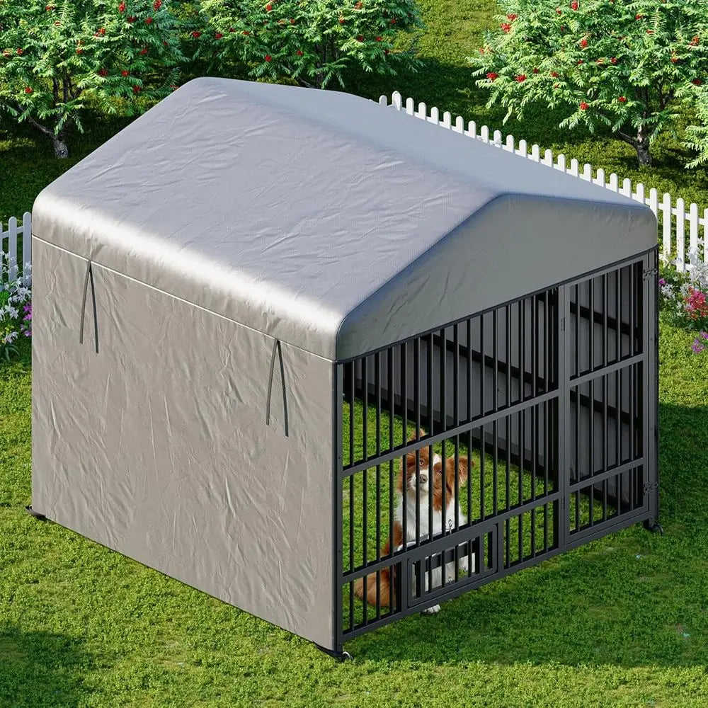 Outdoor Dog Kennel With Cover Waterproof Roof And Rotating Bowls