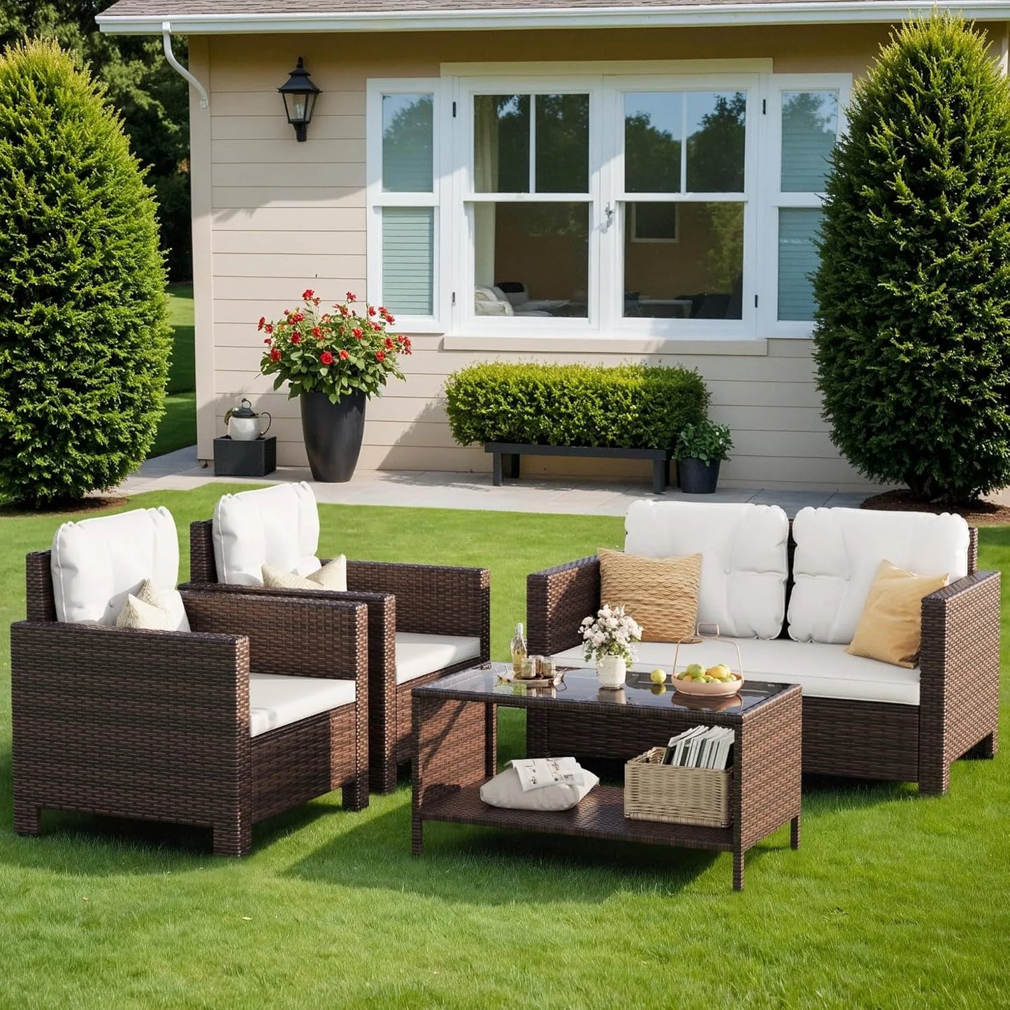 XIUWO 4-Piece Rattan Sofa Set For Outdoor Patio Conversation