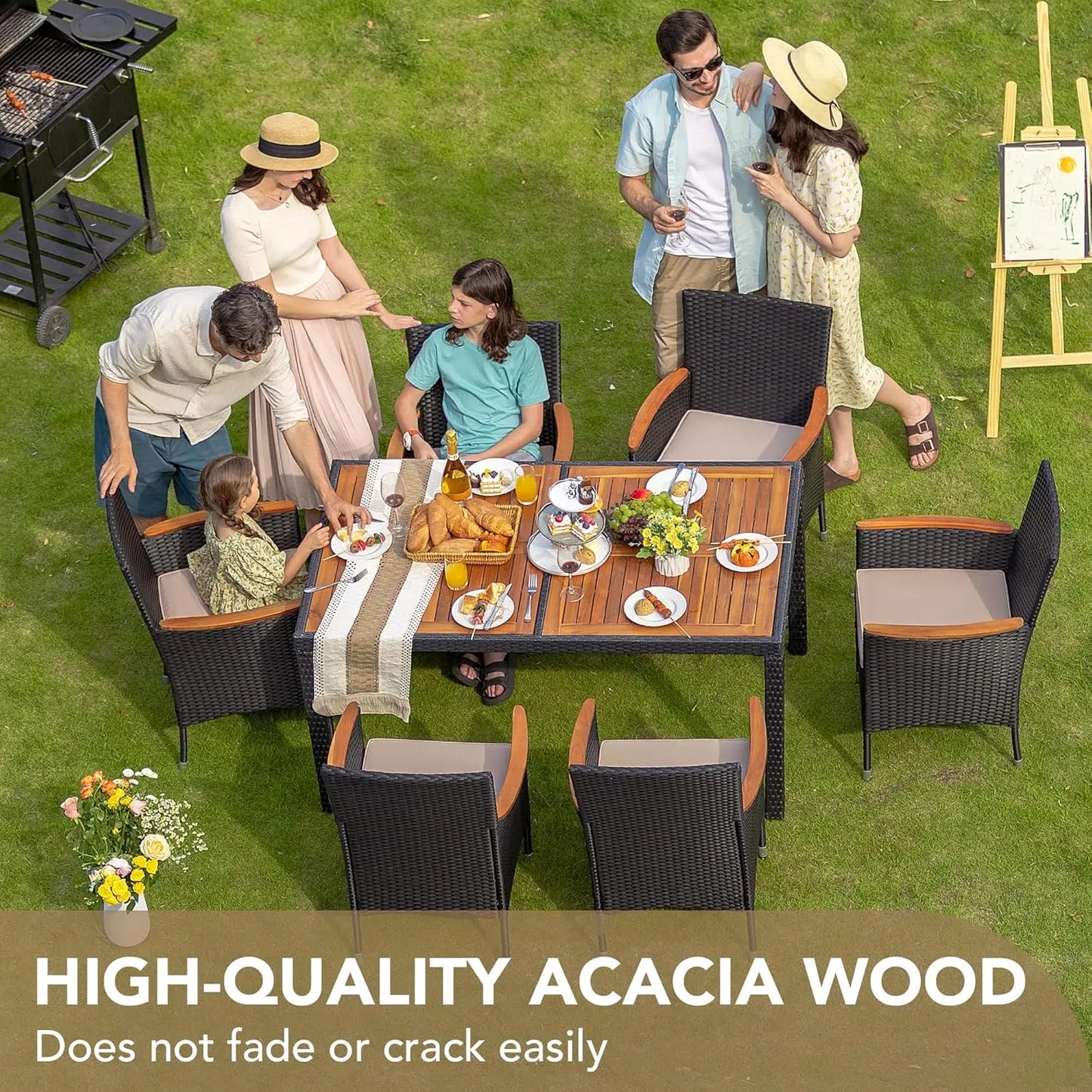 Dining 7 Piece Patio Conversation Set With Acacia Wood Tabletop