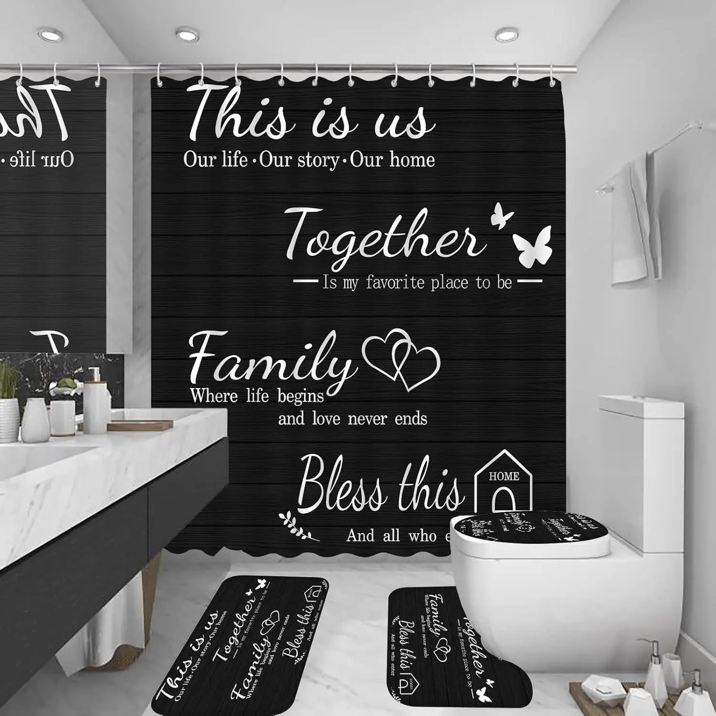 4 Piece Waterproof Shower Curtain Set With Rug Bath Mat
