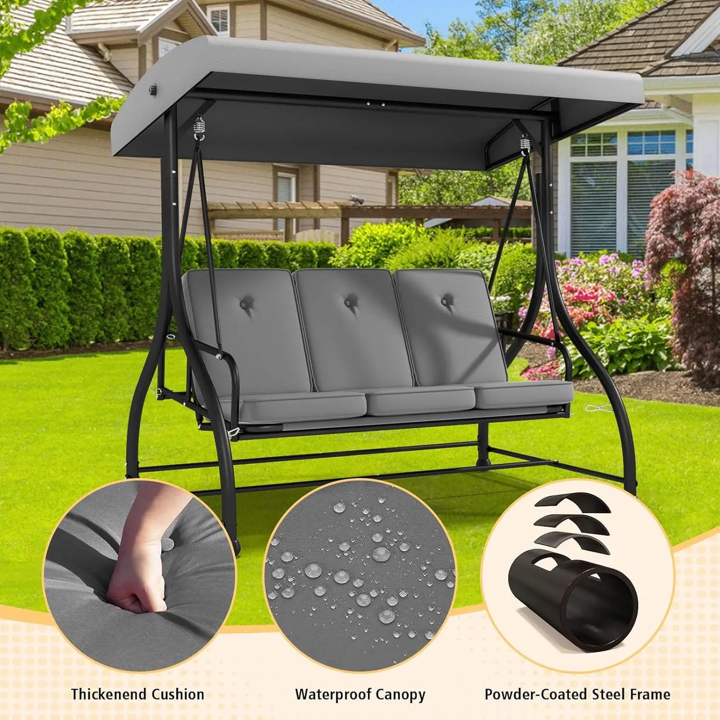 Outdoor Three Seat Patio Swing With Adjustable Canopy