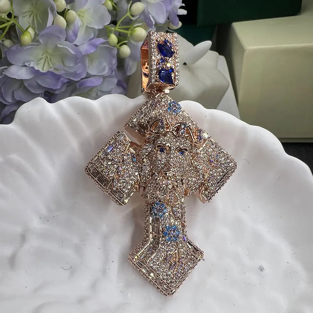 LYEE CYEE Blue Flower Cross Pendant Necklace With Zirconia