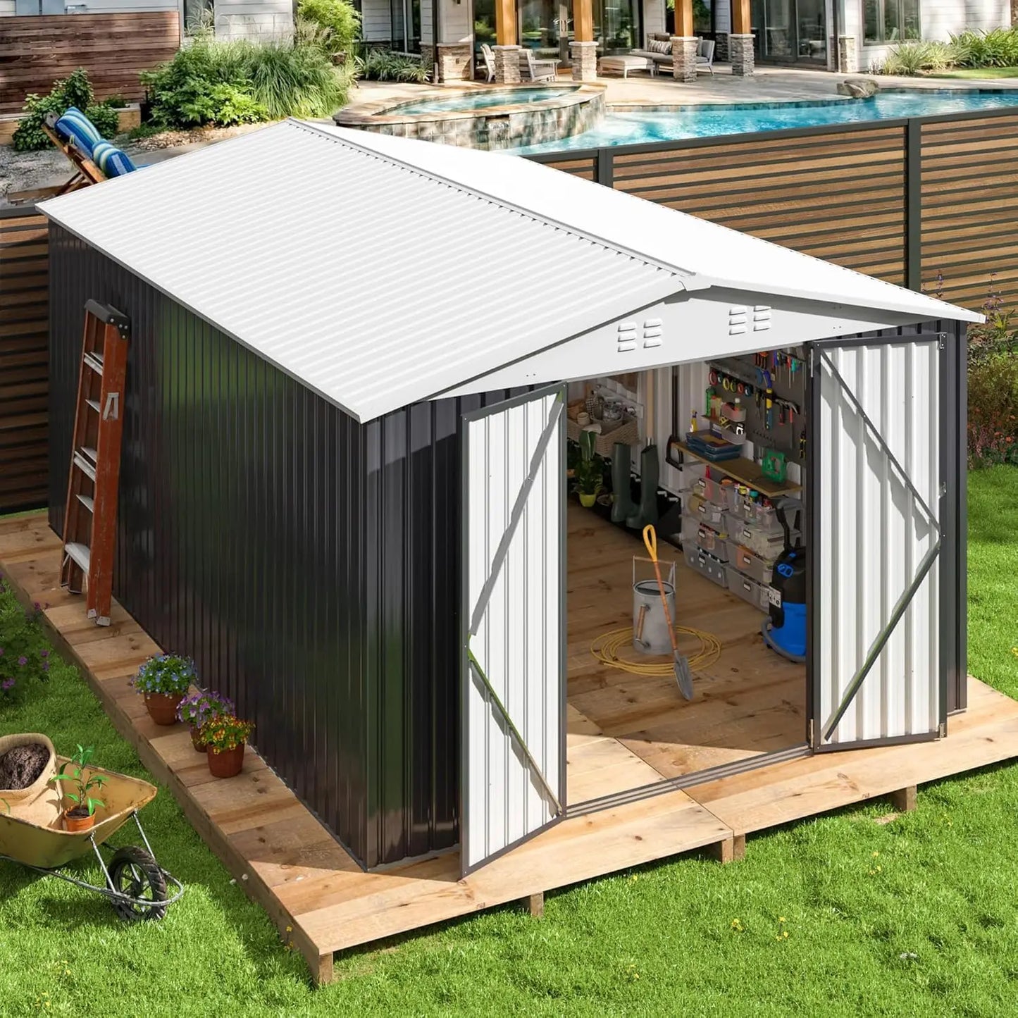 Outdoor Metal Storage Shed With Lockable Doors And Upgraded Frame