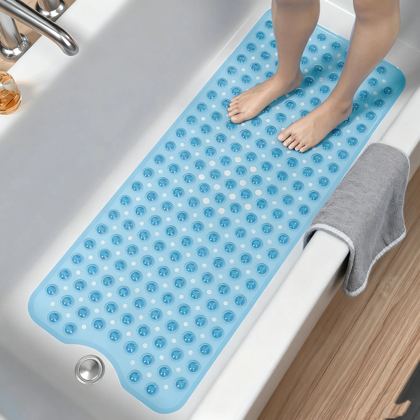 Extra Long Non Slip Bathtub Mat PVC With Suction Cups Drain Holes