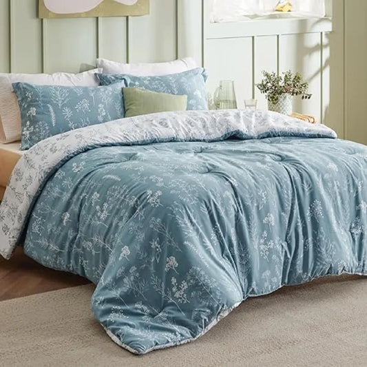 3 Piece Floral Comforter Set With Reversible Botanical Pillow Shams