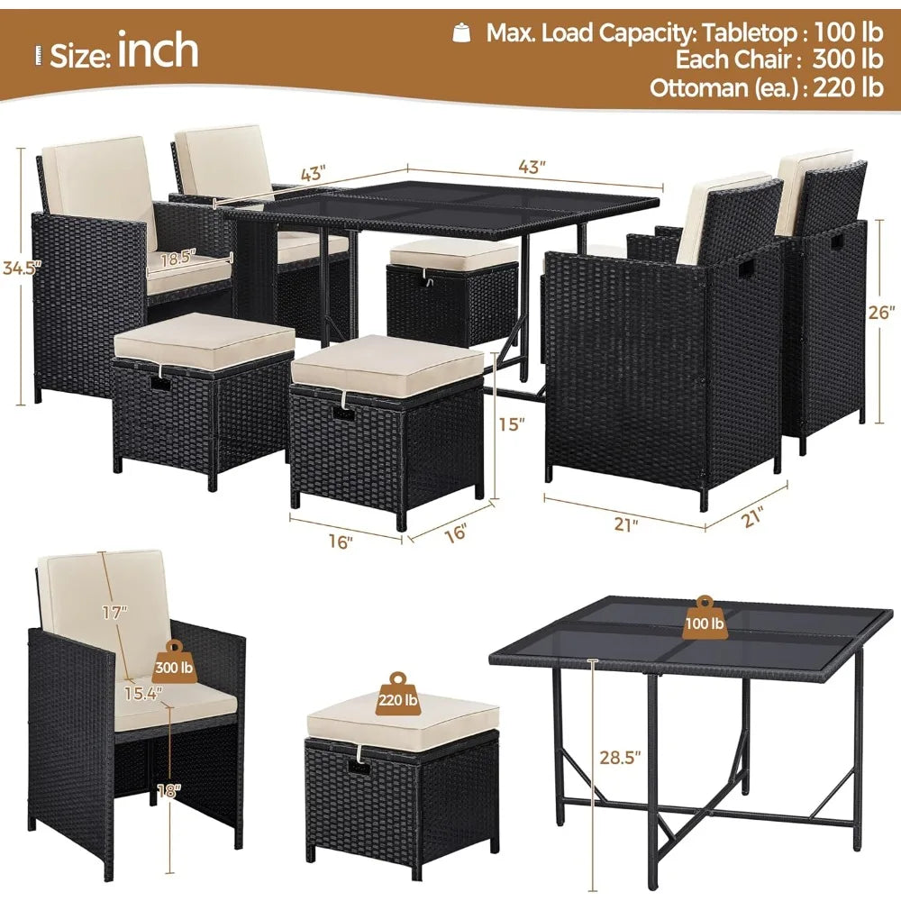 Outdoor Wicker Patio Dining Set With Glass Table And Ottomans