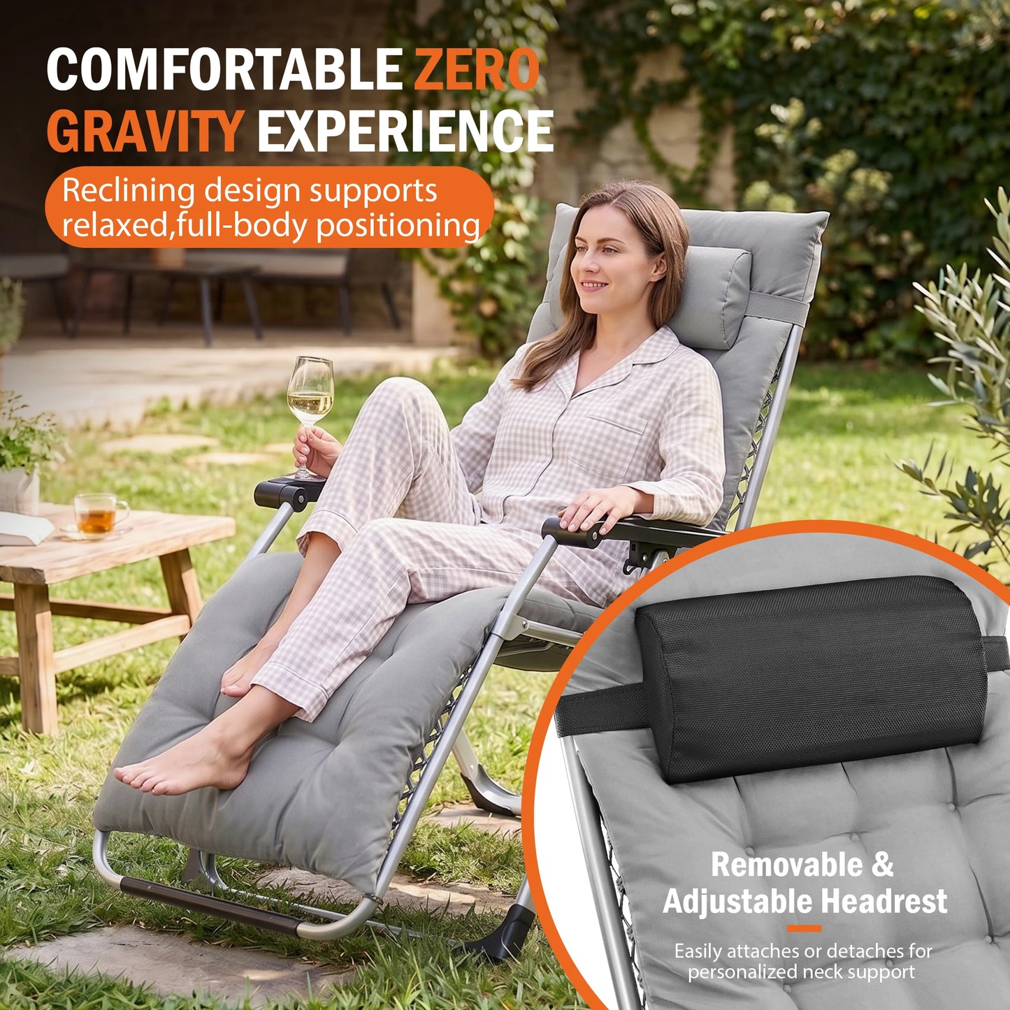 JHK Zero Gravity Reclining Camping Lounge Chair With Tray
