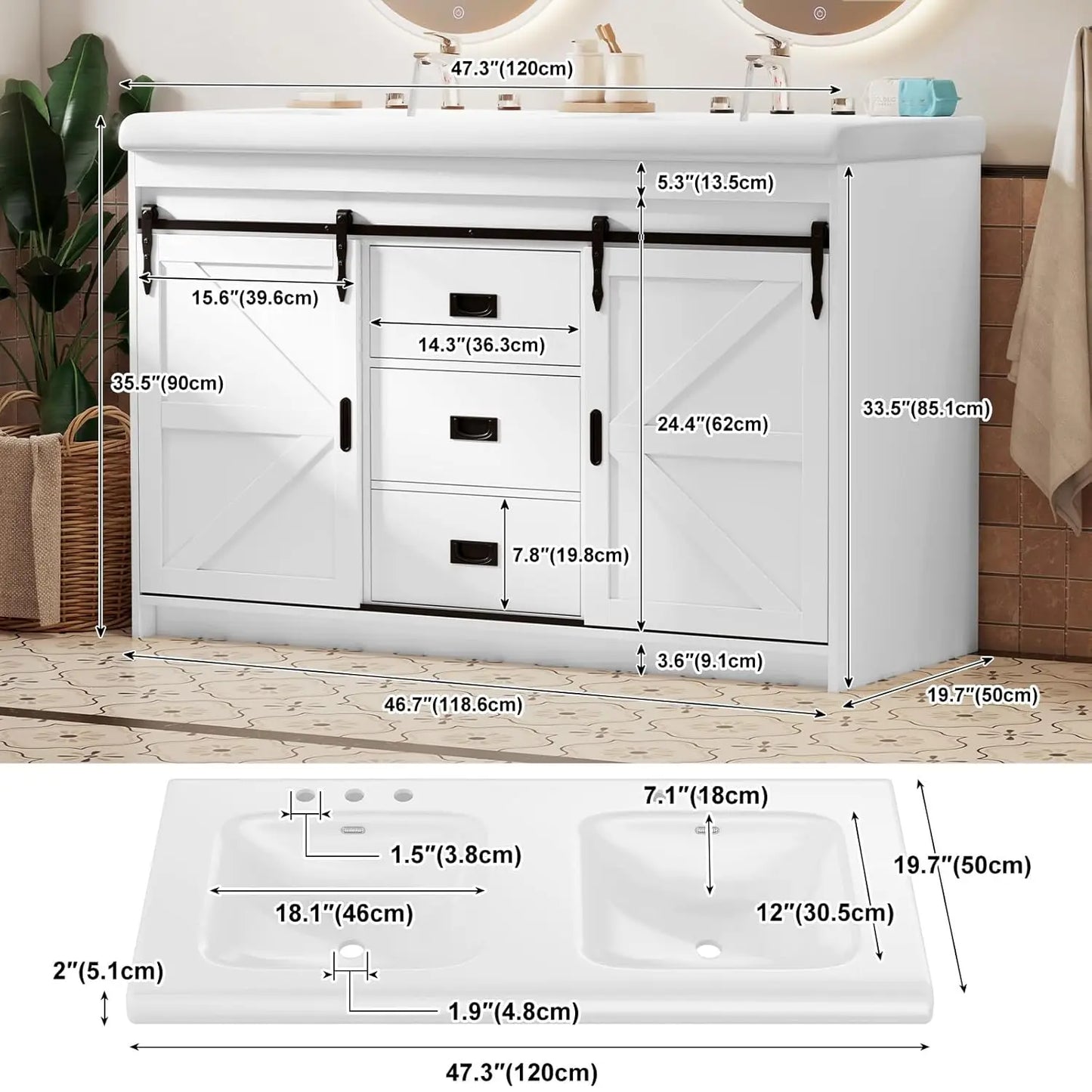 Double Sink Bathroom Vanity With Barn Sliding Doors Drawers