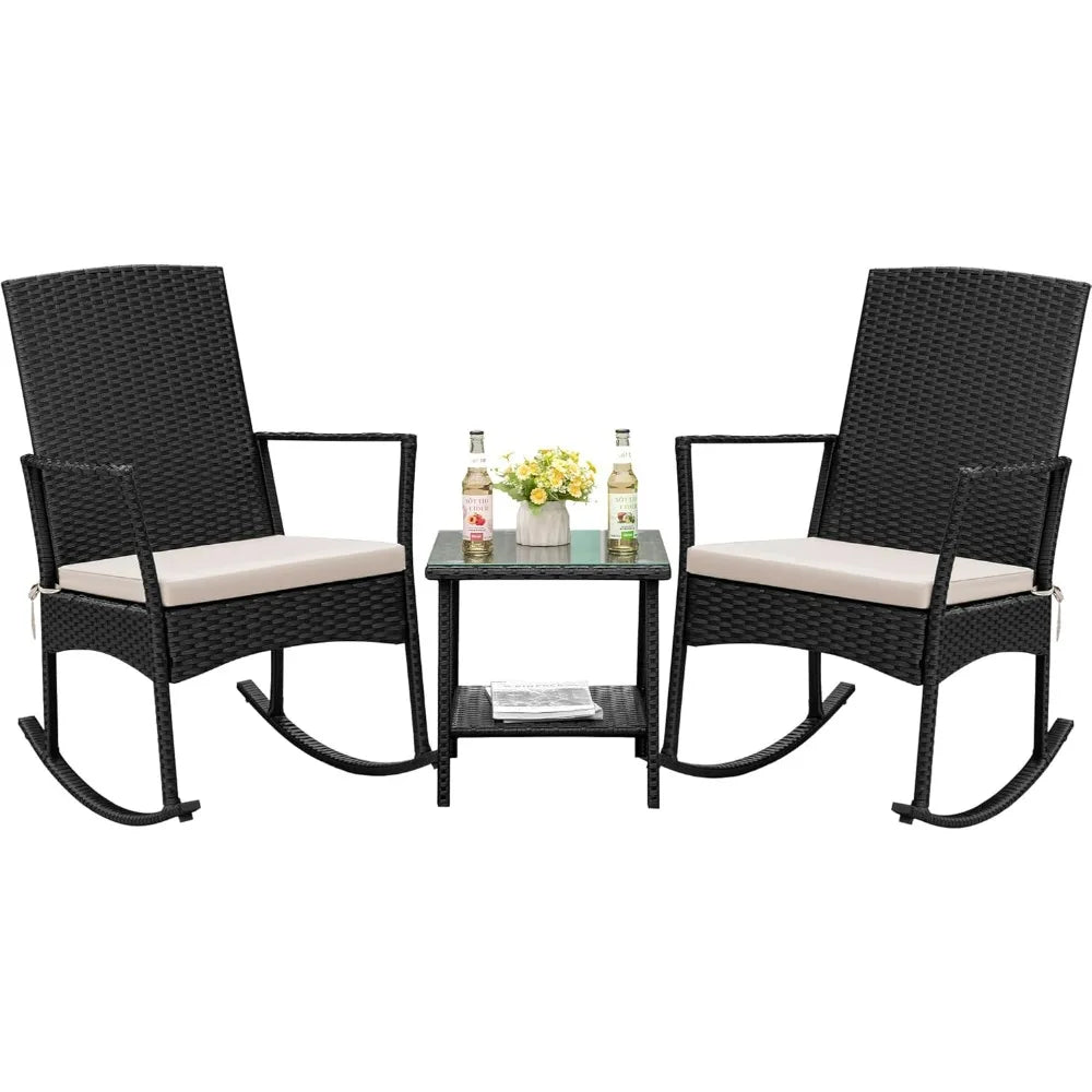 Flamaker Outdoor Rocking Chair Set Rattan Patio Chairs With Glass Table