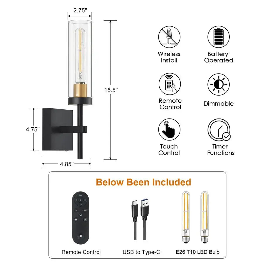 XMSJ Battery Operated Wall Sconces With Remote Black Gold Set